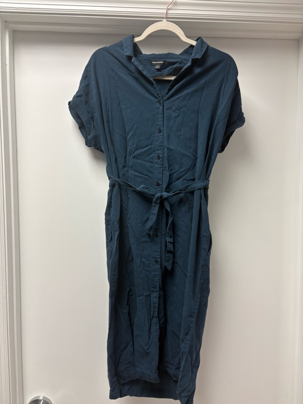 Frank & Oak Button-Front Belted Midi Dress in Teal Blue